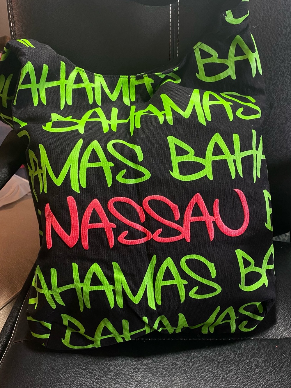 Nassau Bahamas Graphic Crossbody Tote Bag Black with Neon Green & Pink - Picture 3 of 10